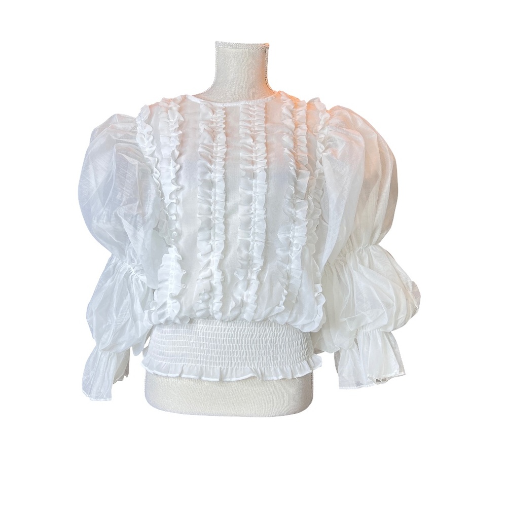 Smocked White Ruffle Puff-Sleeve Blouse - Picture 4 of 12
